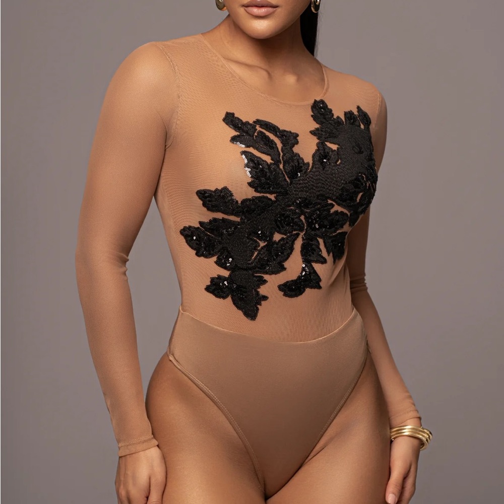 JLUXLABEL BLACK CHARMED EMBROIDERED MESH BODYSUIT